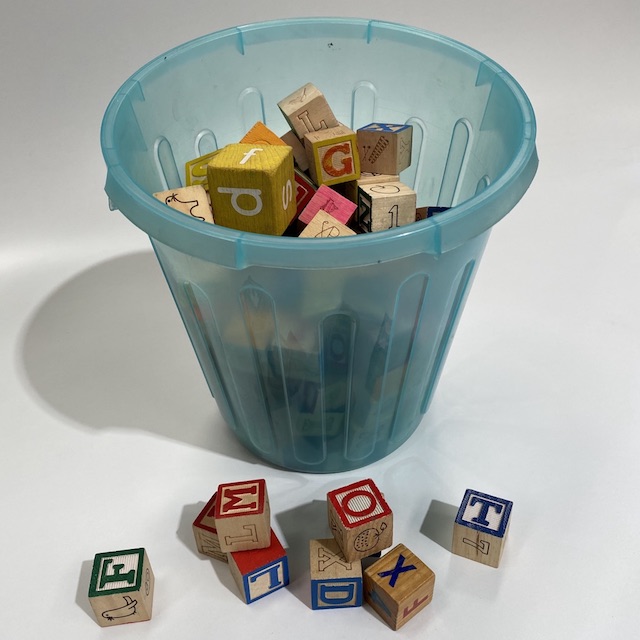 BLOCKS, Wooden Alphabet in Blue Bucket